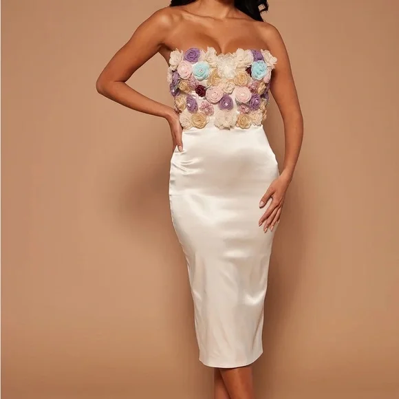 3d Flower appliqués rosette detail strapless satin dress formal midi dress - Picture 2 of 7
